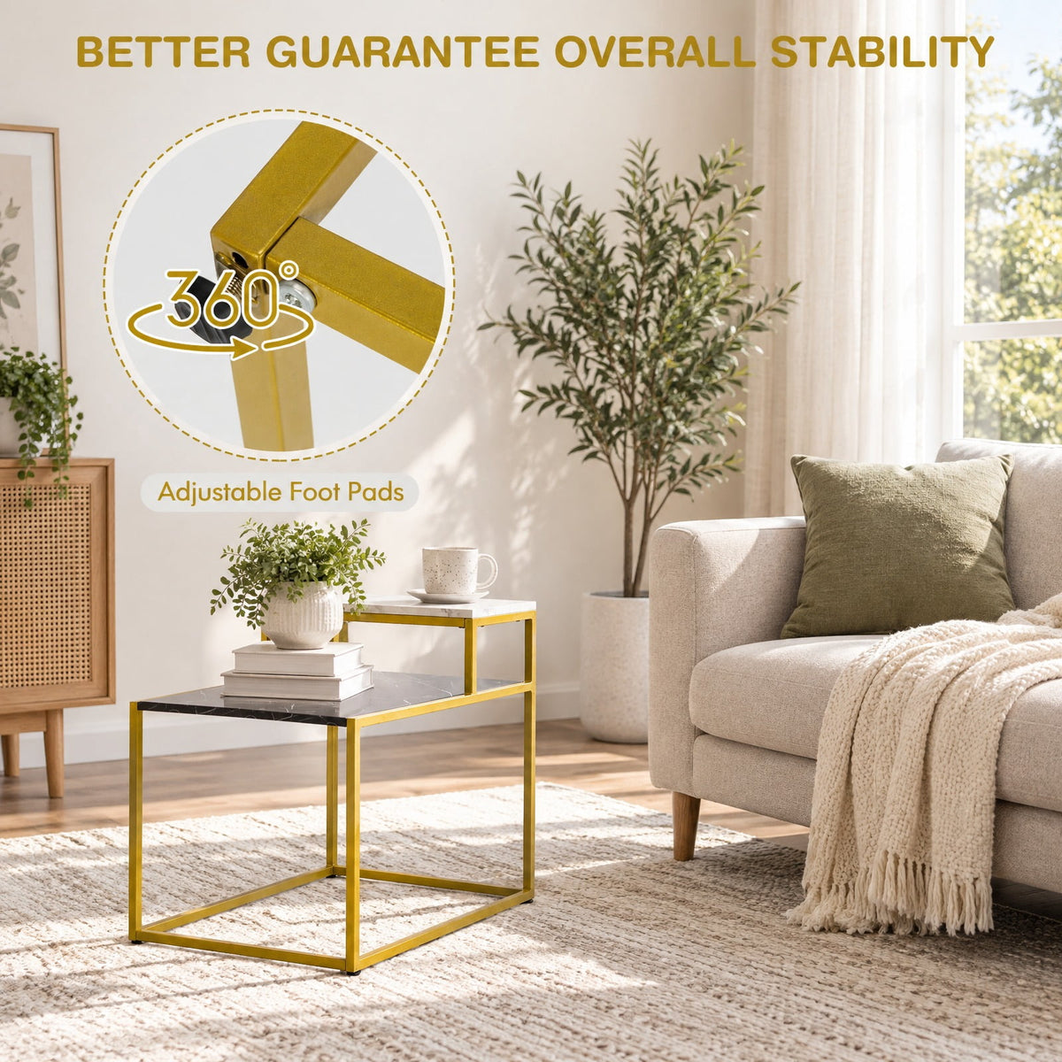 Airfind 2 Tier End Side Table with Metal and Storage Shelf for Living Room, 66 Lbs Capacity, Metal Mdf, 24 Inch X 18 Inch X 22 Inch, White