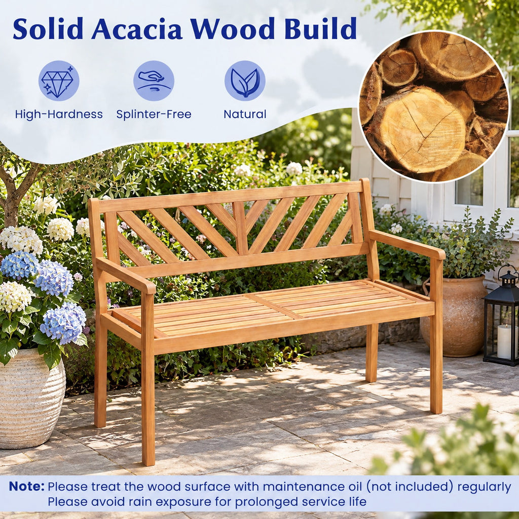 Airfind 2-Person Patio Acacia Wood Garden Chair with Armrests and Backrest for Porch, 800 lbs Capacity, Acacia Wood Frame, Teak