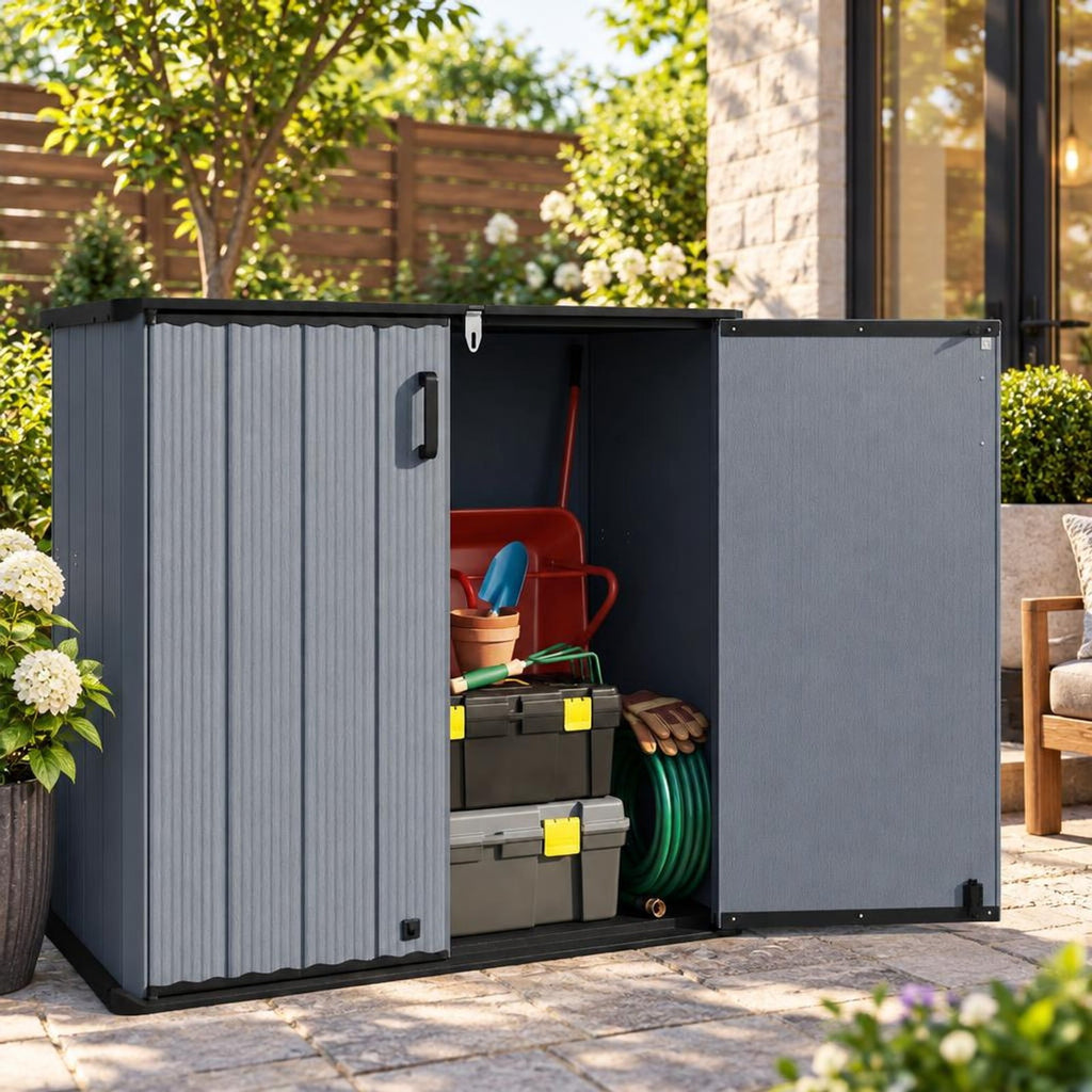Airfind Outdoor 23.5 Cu.ft All-Weather Storage Box with Floor Lockable Door, 330 lbs Capacity, PP HDPE Metal Frame, 47 Inch x 25.5 Inch x 46 Inch Footprint