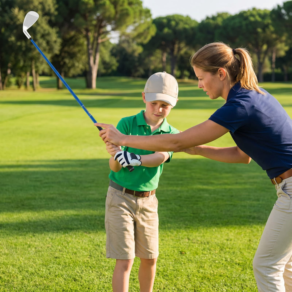 Airfind Junior Number 7 Iron for Kids Ages 11 to 14 with Lightweight Fiberglass Shaft and Rubber Grip and Matching Headcover, Blue