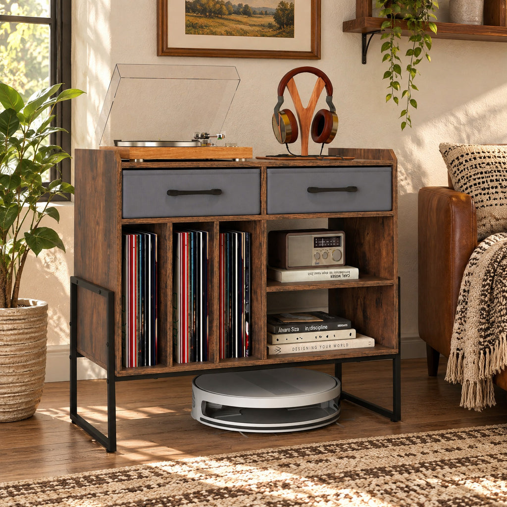 Airfind Large Record Player Stand with Charging Station Mid Century Modern Vinyl Storage Cabinet, 209 lbs Capacity, 30in x 14in x 27in Inside Footprint
