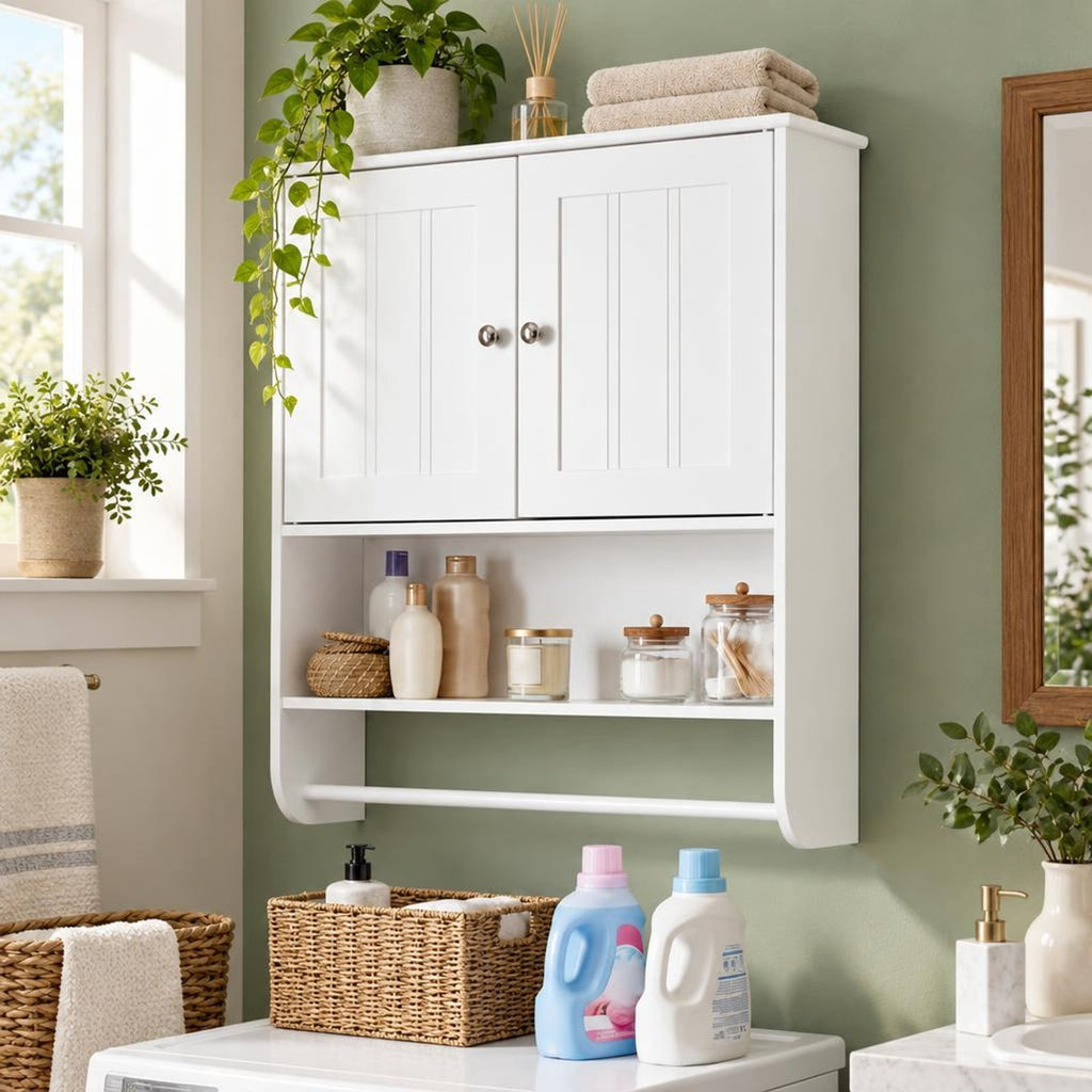 Airfind Bathroom Wall Cabinet with Towel Bar and Open Shelf and Adjustable Shelf, MDF Frame, 23.5in x 8in x 27.5in Footprint, White