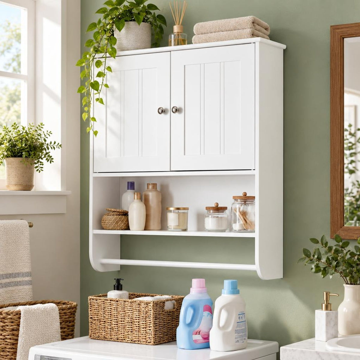 Airfind Bathroom Wall Cabinet with Towel Bar and Open Shelf and Adjustable Shelf, MDF Frame, 23.5in x 8in x 27.5in Footprint, White