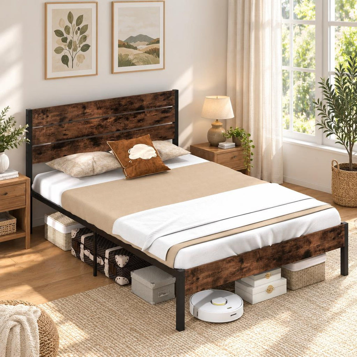 Airfind Queen Metal Bed Frame with Wood Headboard, 12 Slats, Under-Bed Storage, No Box Spring, Rustic Brown