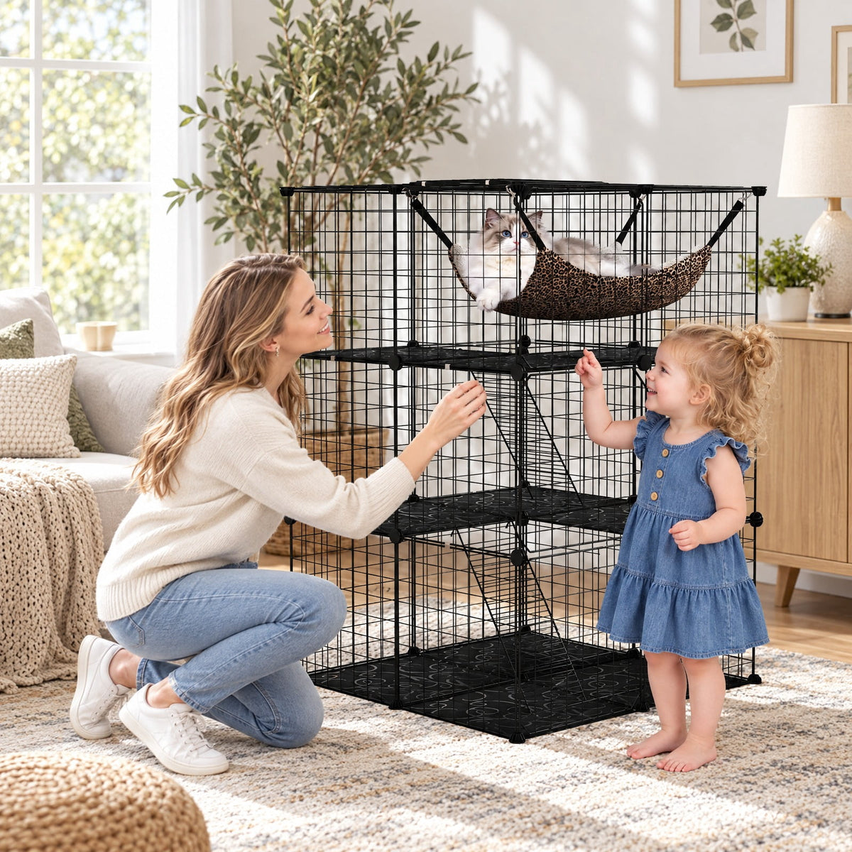 Airfind Indoor Cat Cage 3-Tier Cat Enclosure Detachable Metal Wire Kennel, 5 kg Capacity, PP Frame, 29.1 Inch x 29.1 Inch x 42.1 Inch Footprint, Black