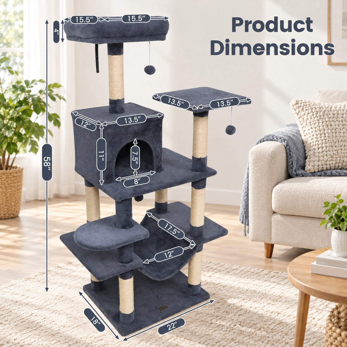Airfind 58 Multi-Level Cat Tree Soft Plush Cat Tower with Padded Top Perch, PP Cotton Fabric Sisal Engineered Wood Overall Height 58 Base Frame