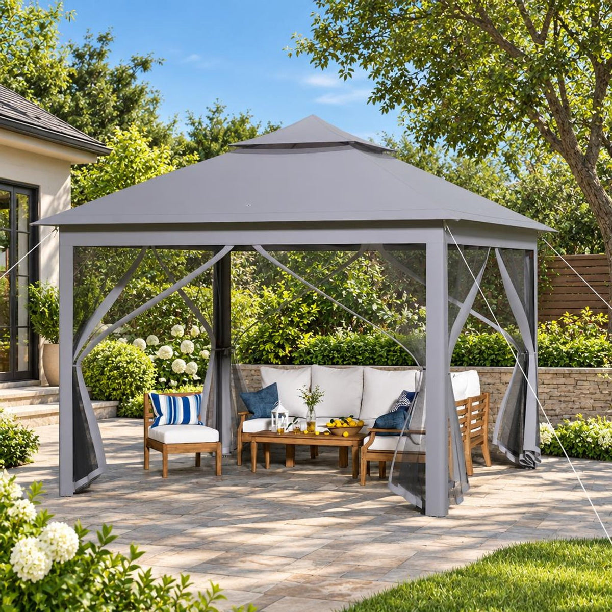 Airfind 11 x 11 Feet 2-Tier Pop-Up Gazebo Tent Portable Canopy Shelter Carry Bag Mesh, Polyester fabric steel pipe Frame, Gray
