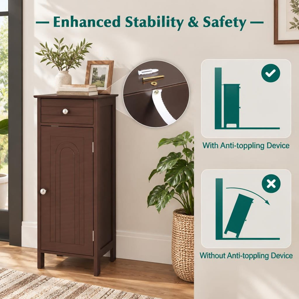 Airfind Wooden Storage Free-Standing Floor Cabinet with Drawer and Shelf, 132 lbs Capacity, MDF Frame, 14in x 12in x 34.5in Footprint, Brown
