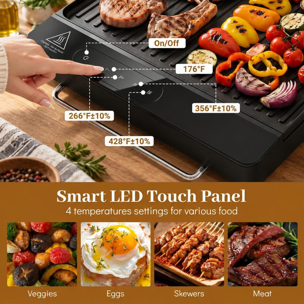 Airfind 1300W Indoor Electric Grill featuring Removable Touch Panel, Die Cast Aluminum Stainless Steel Frame, 23.5 Inch x 11.02 Inch x 2.95 Inch Footprint, Black