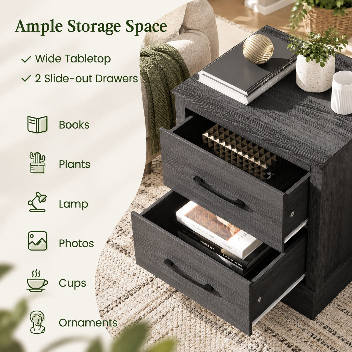 Airfind Wood Compact Floor Nightstand with Storage Drawers, 66 lbs Capacity, Engineered Wood Zinc Alloy Frame, 18.5 x 16 x 21.5 Footprint