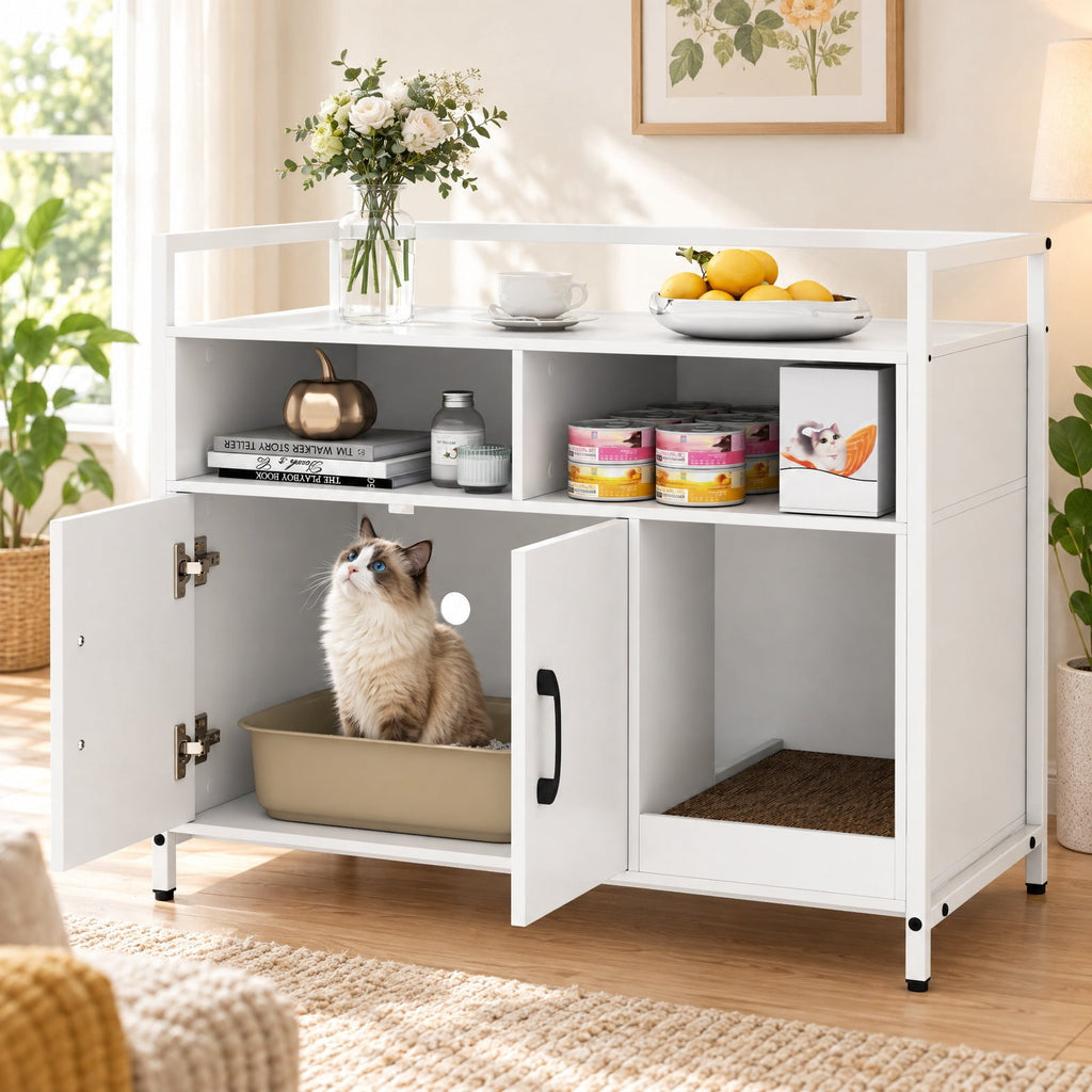 Airfind Hidden Cat Washroom with Double Doors and Scratch Cardboard, MDF Metal Frame, 35 x 17.5 x 29.5 Compartment Footprint, White