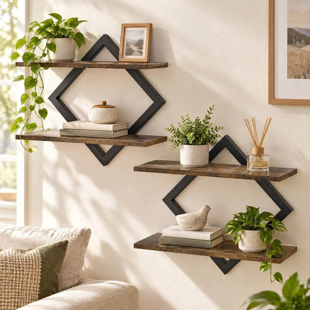 Airfind Set of 2 Metal Floating Shelves for Wall featuring Geometric Frame, Engineered Wood Metal Frame, 15 Inch x 6.5 Inch x 14 Inch Footprint, Brown