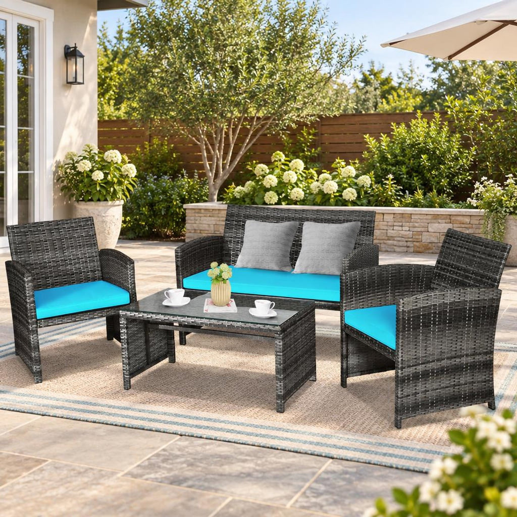 Airfind 4 Pieces Patio Rattan Furniture Set with Cushions, PE Rattan Polyester Fiber Steel Sponge Single Sofa Frame, Turquoise