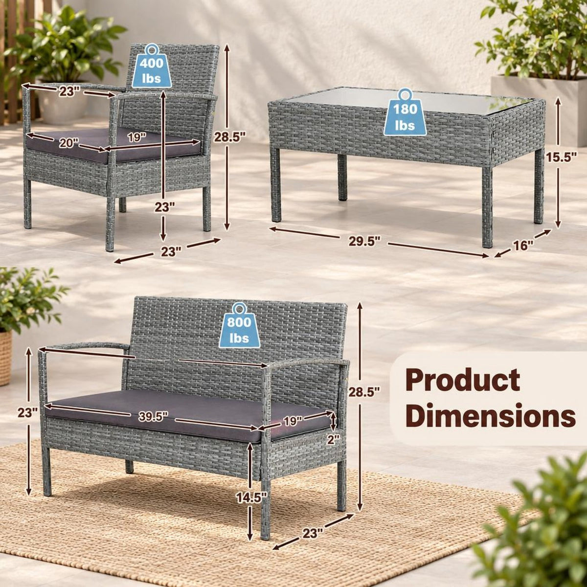 Airfind 4 Pieces Outdoor Rattan Conversation Set with Comfortable Cushion, 800 lbs Capacity, Rattan Frame, 23 Inch x 23 Inch x 28.5 Inch Footprint
