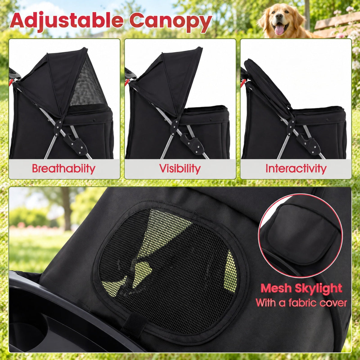 Airfind 3 Wheel Pet Stroller for Small Dogs Cats up to 33 LBS, 33 lbs Capacity, 300D Oxford Cloth Metal Mesh Sponge PU PP Frame, Black