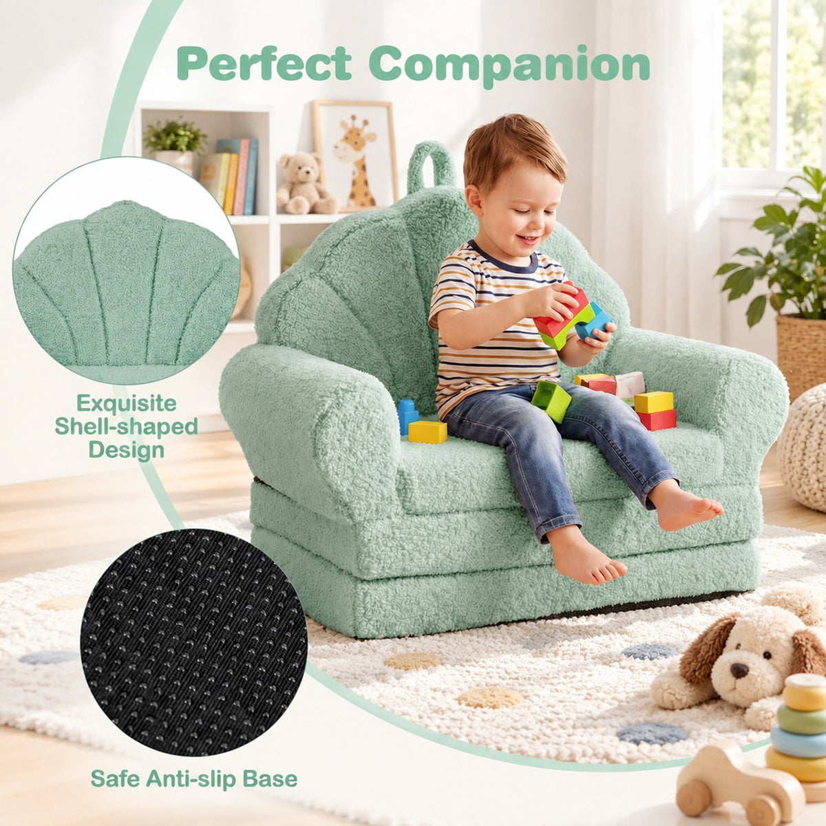 Airfind Convertible Kids Sofa 2, in, 1 Fold out Toddler Couch Chair, Green, Can be used as a sofa chair or a flat lounge bed, No assembly needed