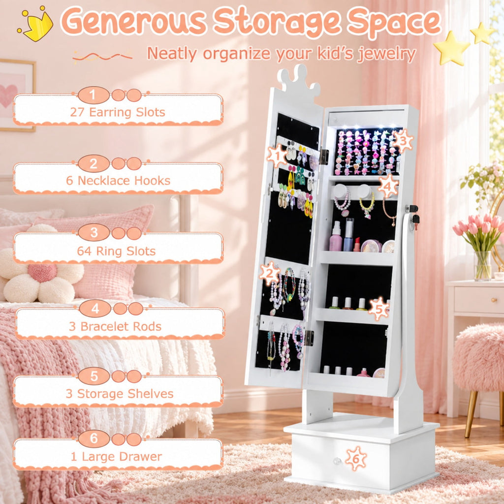 Airfind Youth Jewelry Armoire with 3-Color Lighted Full Length Mirror and Inside Led Lights, MDF Glass, 13.5 Inch X 12 Inch X 45 Inch Full-length, White