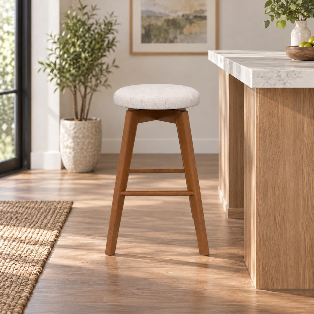 Airfind 2 Pieces 26 Inch Backless Swivel Barstools with Linen Fabric Seat, 330 lbs Capacity, Linen Fabric Sponge Rubber Wood Metal Frame, Beige