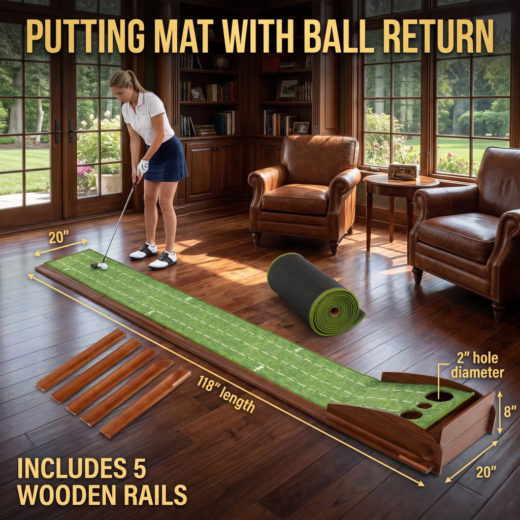 Airfind Golf Putting Mat Practice Training Aid with Auto Ball Return 3 Hole Sizes and Sloped Approach for Indoor Green, Brown