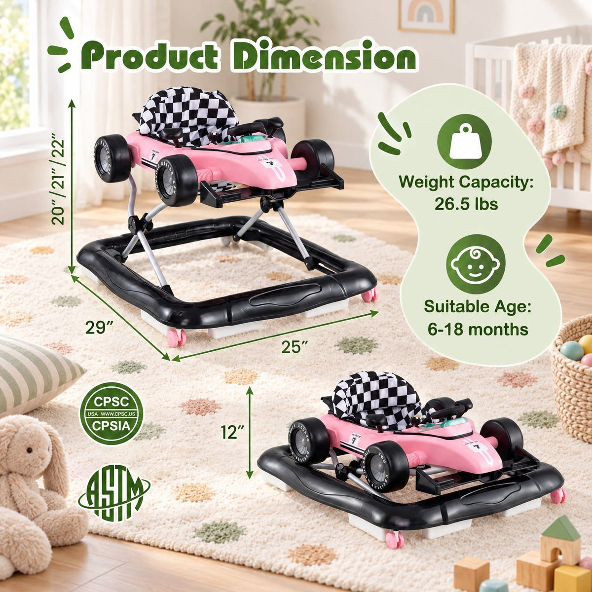 Airfind 4-in-1 Child Push Walker Activity Center Height Adjustable with Music Box, 26.5 Lbs Capacity, PP Metal, for 6-18 Months, Pink
