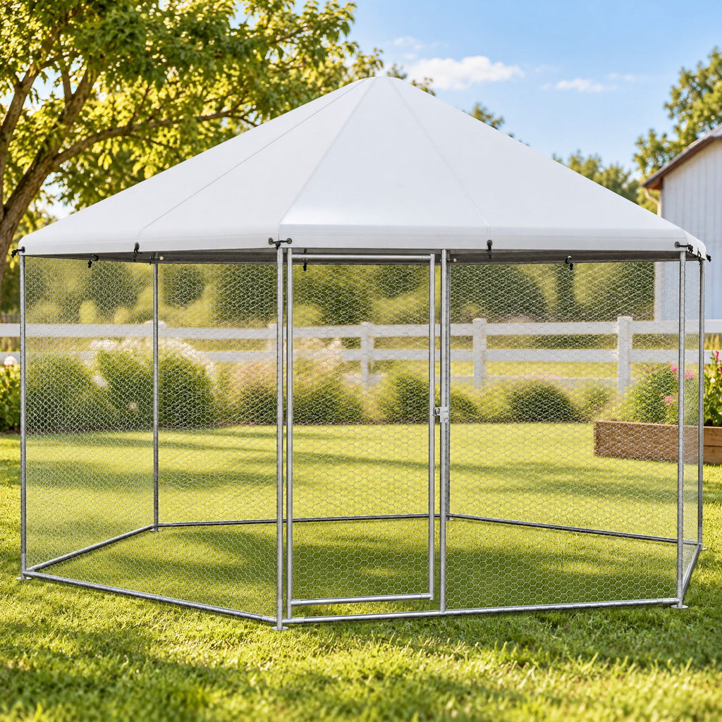 Airfind 13FT Large Metal Hexagonal Chicken Coop with Wire Mesh and Lockable Door, Galvanized Steel 210D Oxford Fabric Frame, Silver