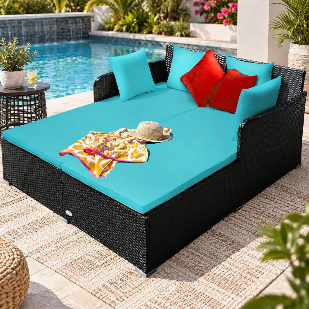 Airfind Spacious Outdoor Rattan Daybed with Upholstered Cushions and Pillows, 800 lbs Capacity, Rattan Steel Sponge Frame, Turquoise