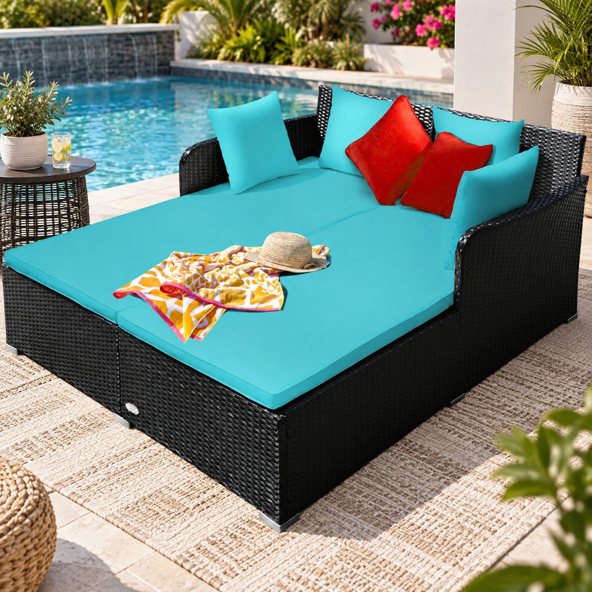 Airfind Spacious Outdoor Rattan Daybed with Upholstered Cushions and Pillows, 800 lbs Capacity, Rattan Steel Sponge Frame, Turquoise