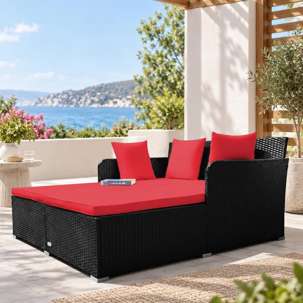 Airfind Spacious Outdoor Rattan Daybed with Upholstered Cushions and Pillows, 800 lbs Capacity, Rattan Steel Sponge Frame, Red