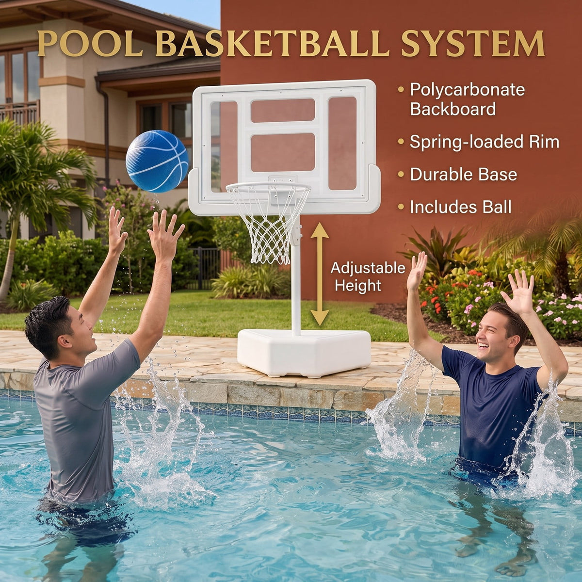 Airfind Poolside Basketball Hoop System, Adjustable Height Pool Basketball Set with 2 Water Balls and Pump, Metal PC Backboard for Swimming Pool Outdoor Family, White