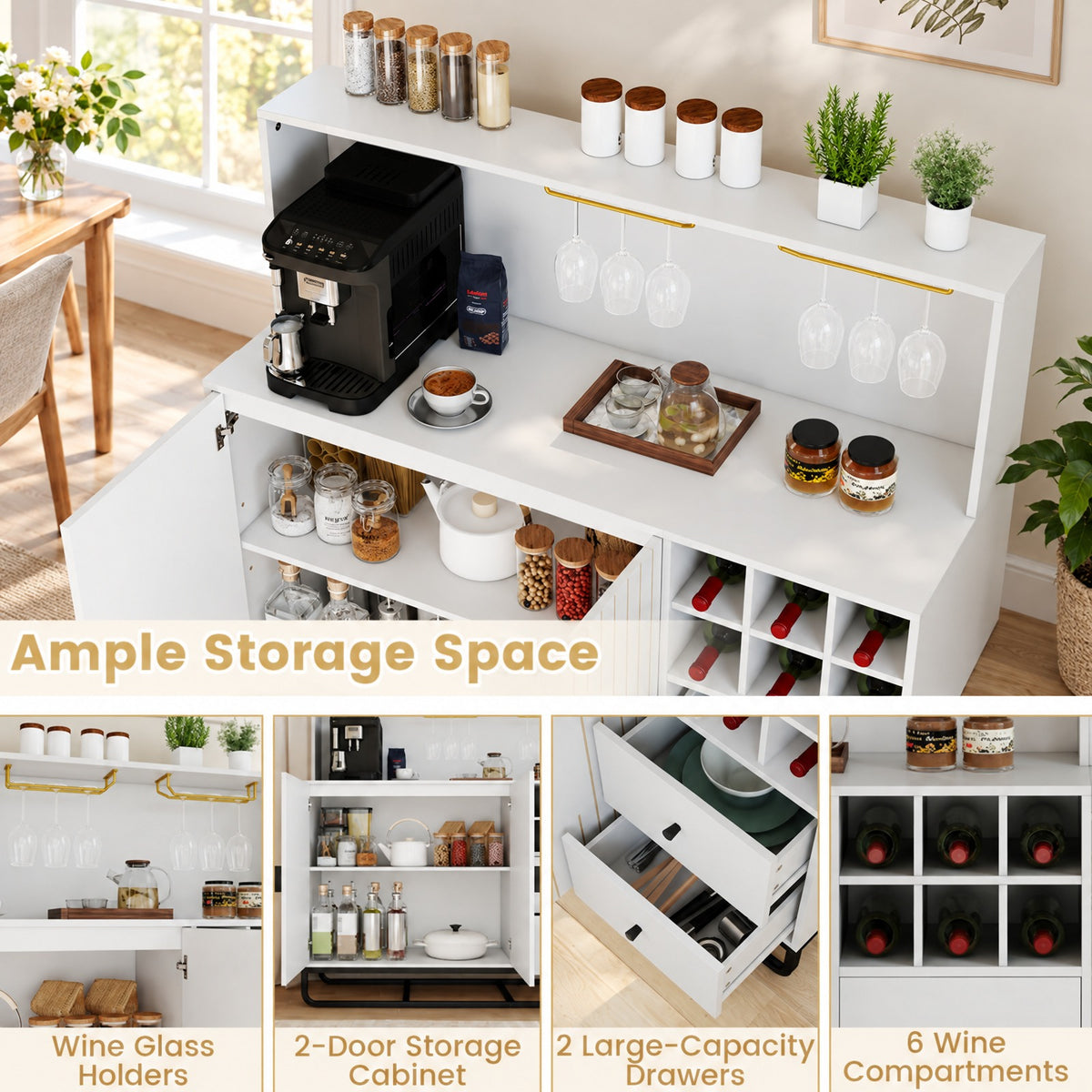Airfind Home Bar Cabinet with Wine Rack Glass Holder and Adjustable Shelf, 47 Inch x 16 Inch x 48.5 Inch Inner Footprint, White