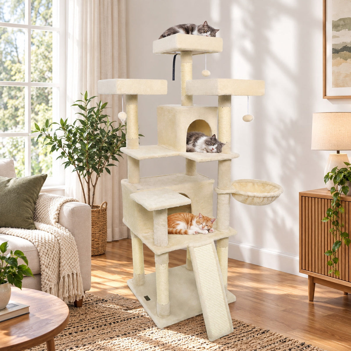Airfind 65 Inch Tall Multi-level Cat Tree with 3 Upholstered Perch and 2 Cat Condos, Fabric Sisal Engineered Wood Overall Height 65 Inch Base Frame