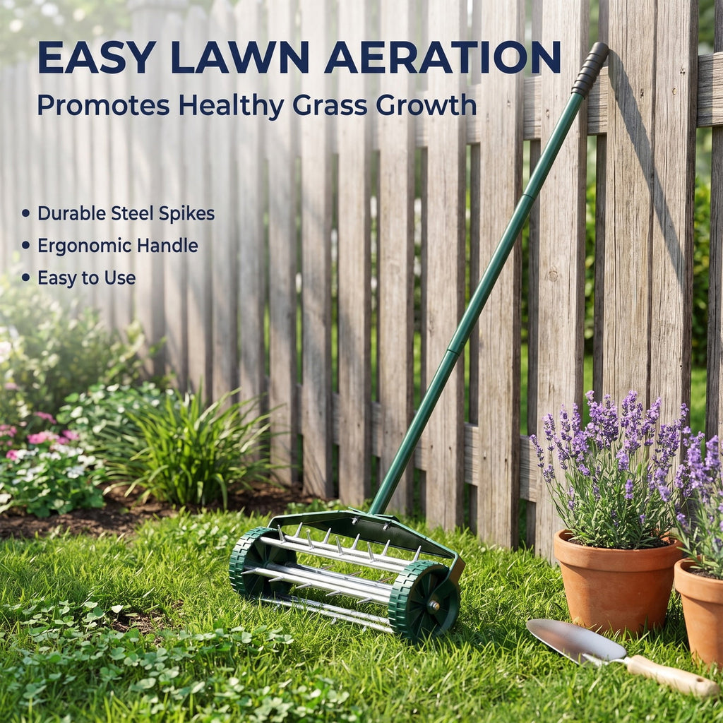 Airfind 18 Inch Rolling Lawn Aerator with Splash, Steel rubber pp Frame, 17 x 8 x 50 (L x W x H) Splash guard Footprint, Dark green and silver