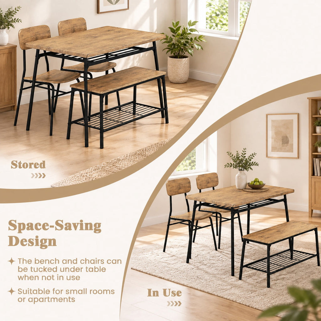 Airfind 4 Piece Dining Table Set for 4 Metal Frame with Bench and 2 Chairs, 200 lbs Capacity, MDF Metal Frame, Brown