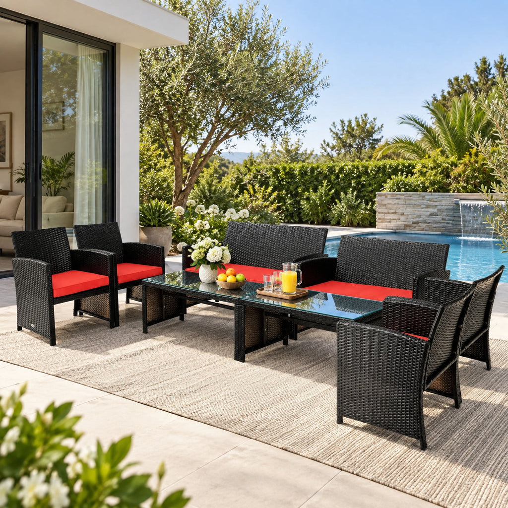 Airfind 4 Pieces Patio Rattan Cushioned Furniture Set, Rattan Frame, 43.5 x 25 x 31 Footprint, Red