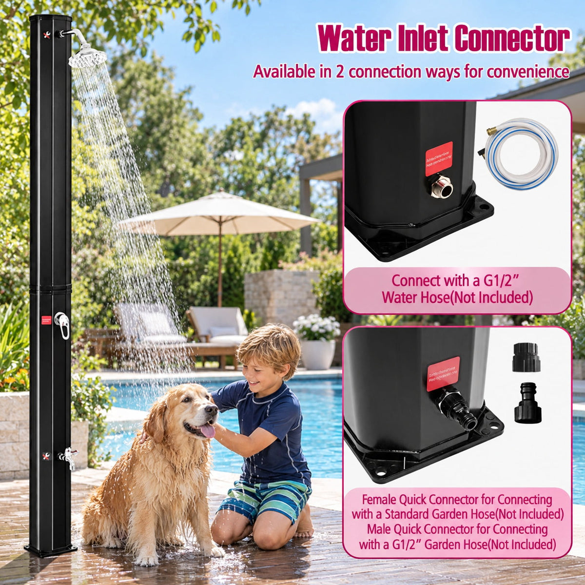 Airfind 7.2 Feet Adjustable Outdoor Solar Heating Shower Head, PVC Frame, Black, unique rotating shower head, No electricity or solar panels required