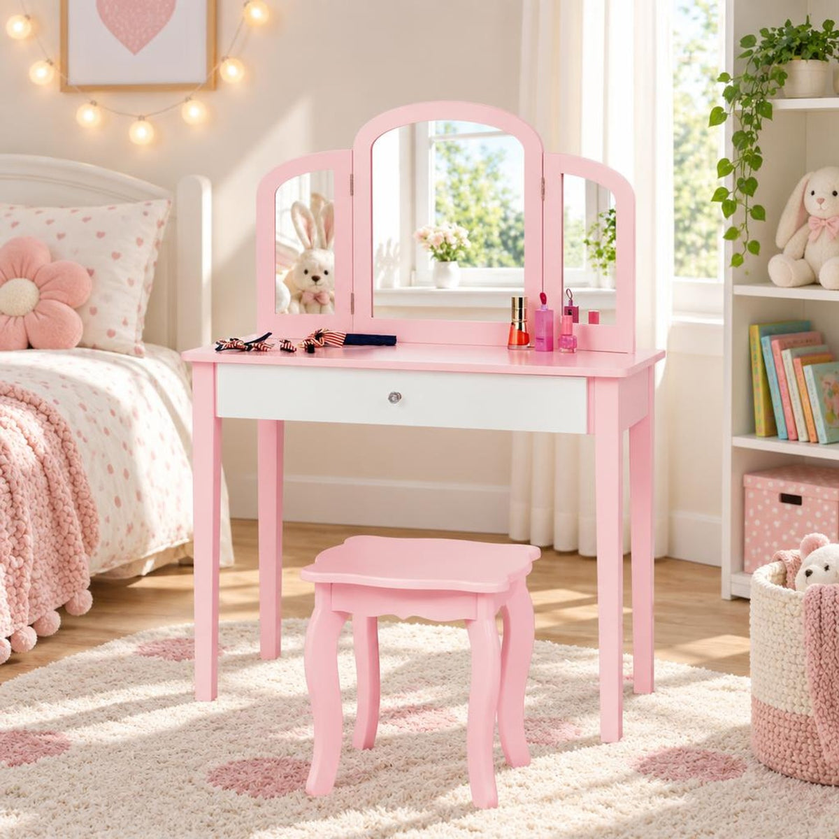 Airfind Kids Princess Make Up Dressing Table with Tri-folding Mirror and Chair, 33 lbs Capacity, MDF Frame, 27.5 x 13.5 x 37.5 Footprint, Pink