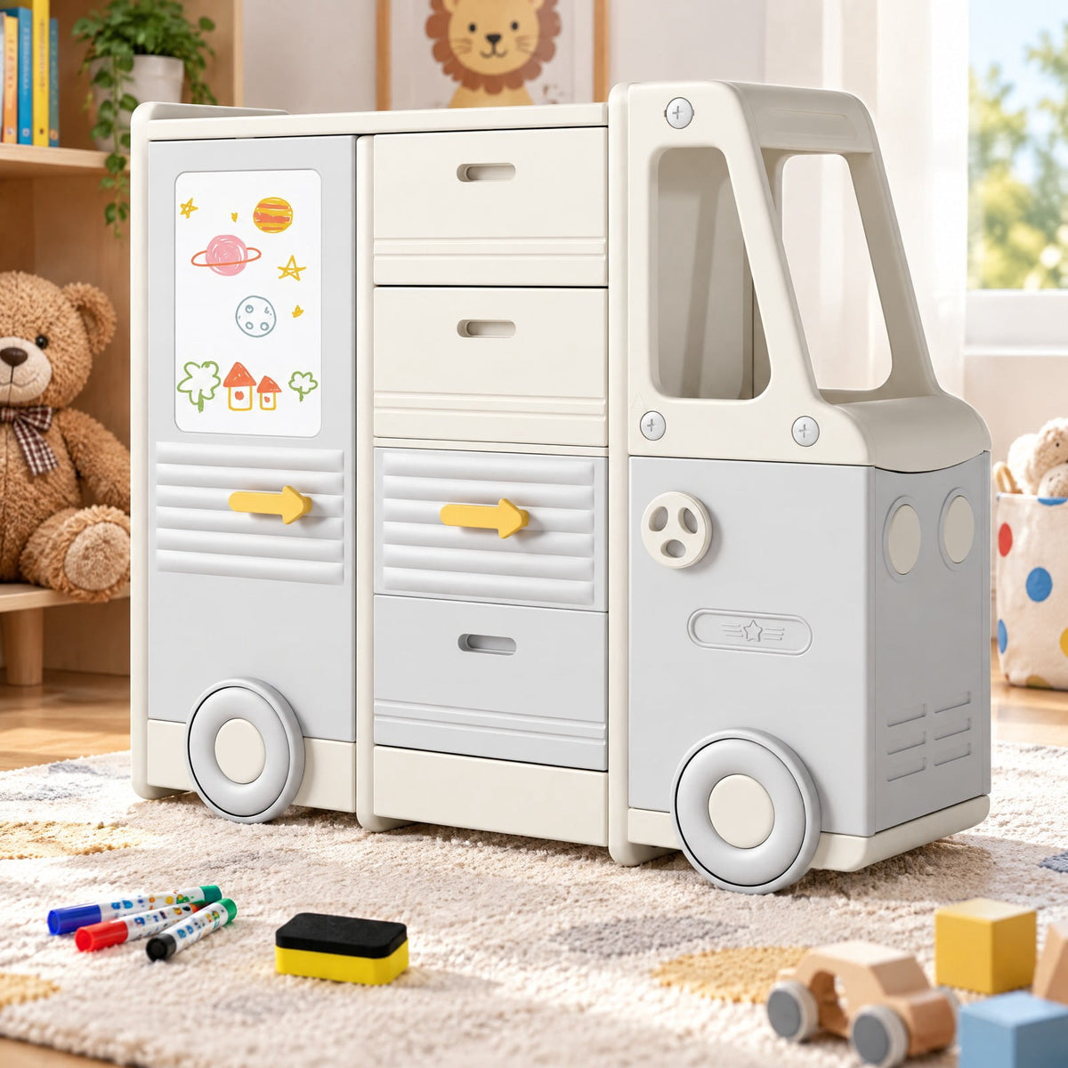 Airfind Kids Toy Storage Organizer Bus-shaped Children Cabinet with 4 Pull-out Drawers with Handles, 180 lbs Capacity, HDPE PP Frame, Grey