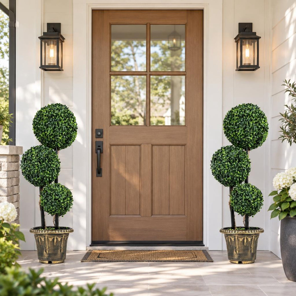 Airfind 35 Inches Artificial Boxwood Topiary Tree Triple Ball Shrubs, PE Metal Solid Wood Cement PP Tree Height 29 Inch /35 Inch Pot Frame
