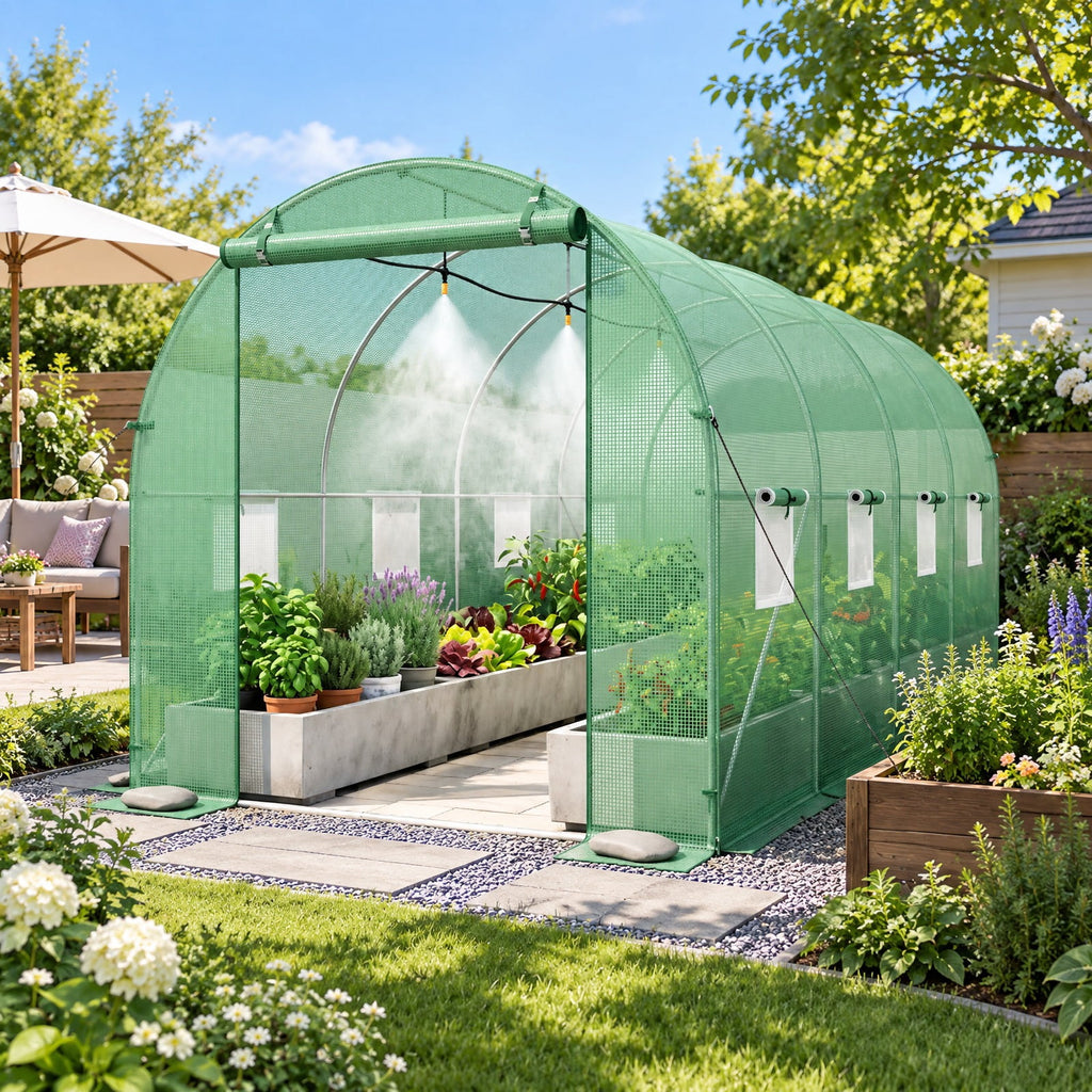 Airfind 15 x 7 x 7 ft Walk-in Tunnel Greenhouse with Watering System, Galvanized Steel Frame, 15 x 7 x 7 ft Footprint, Green