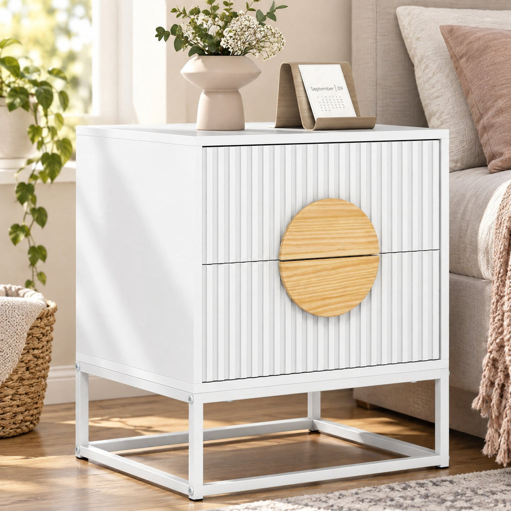 Airfind Modern Mid Century Fluted Nightstand with 2 Drawers and Pine Wood Handles for Bedroom, 66 lbs Capacity, Engineered Wood MDF Pine Wood Frame