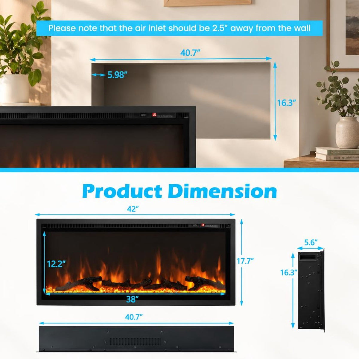 Airfind Electric Fireplace In-wall Recessed with Remote Control and Adjustable Color and Brightness-42 Inches for Everyday Use, Black