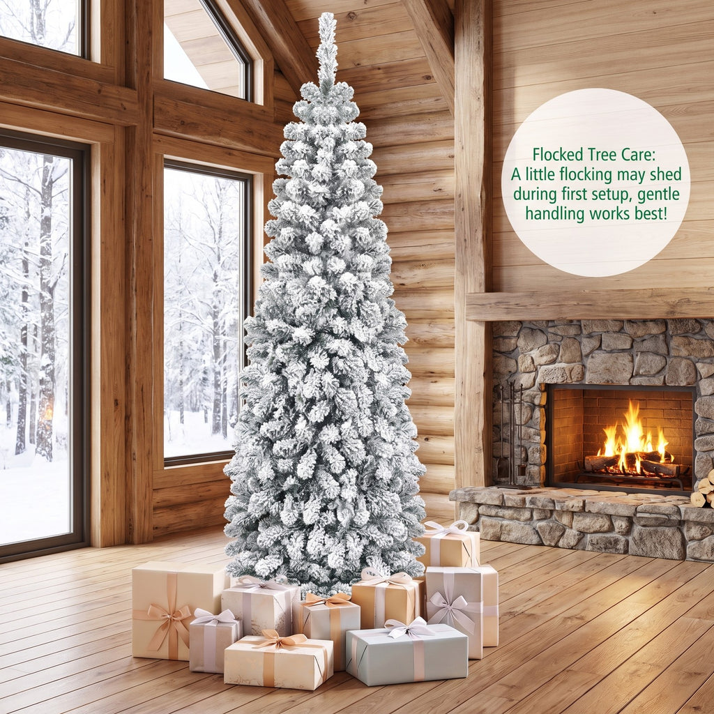 Airfind 6 Feet Unlit Hinged Snow Flocked Artificial Pencil Christmas Tree with 500 Branch Tip, PVC Metal Tree Height 6 ft Tree Width 2 ft Frame