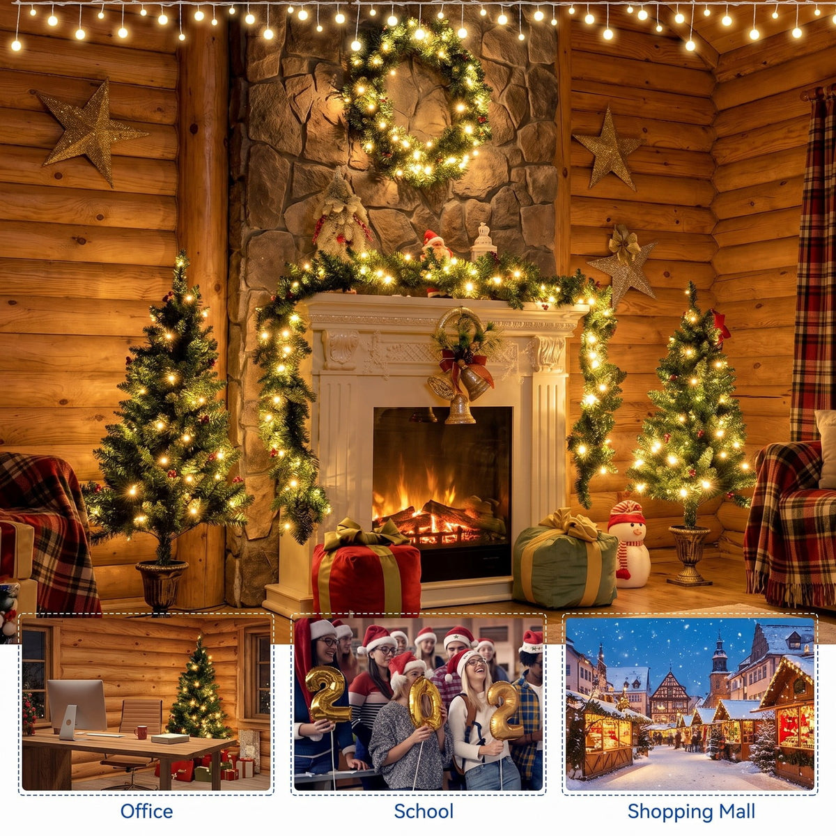 Airfind 4 Pieces Christmas Decoration Set with Garland Wreath and Entrance Trees, Green, diameter 24in, Number of LED lights 200 Battery
