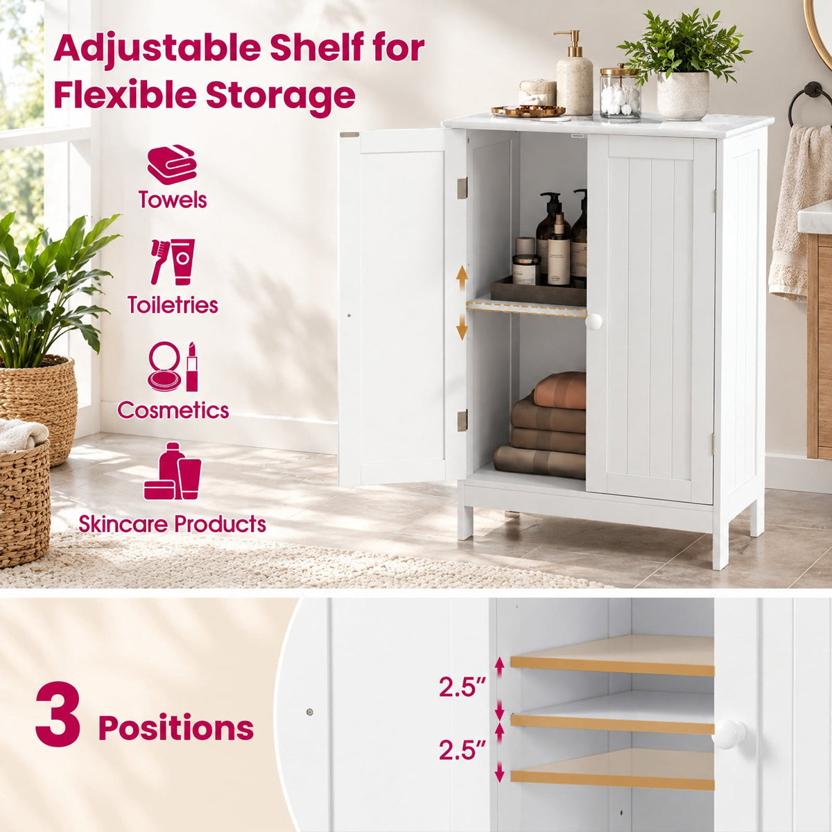 Airfind Bathroom Floor Storage Double Door Cupboard Cabinet, 22 lbs Capacity, MDF Frame, 24in x 14in x 34.5in Footprint, White