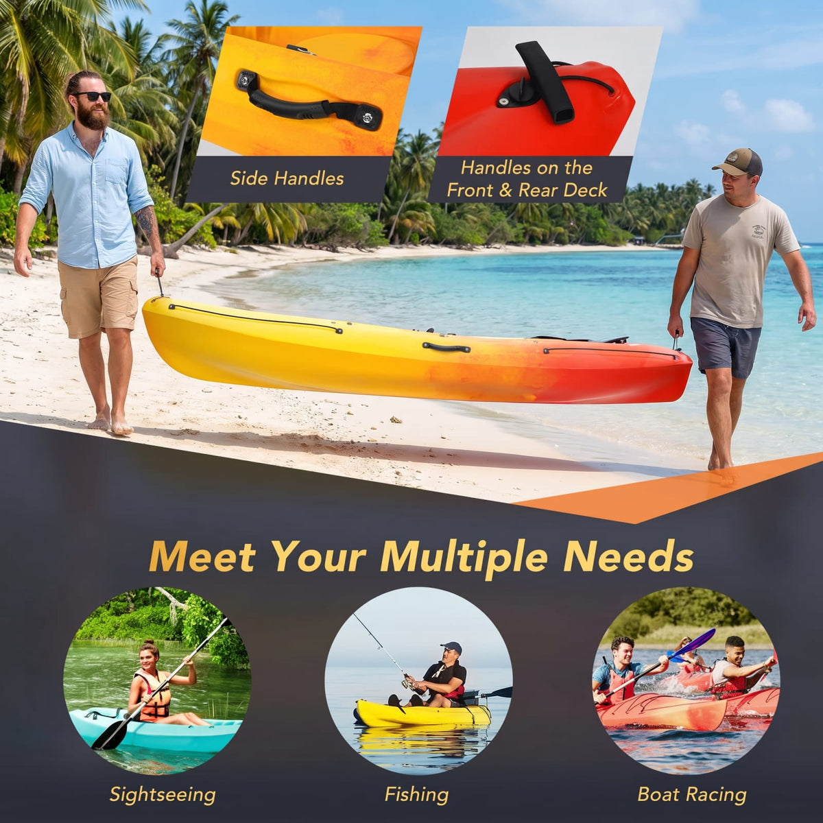 Airfind Single Sit on Top Kayak with Detachable Aluminum Paddle Adjustable Footrest and Bungee Storage for Adults Fishing and Sightseeing, Yellow