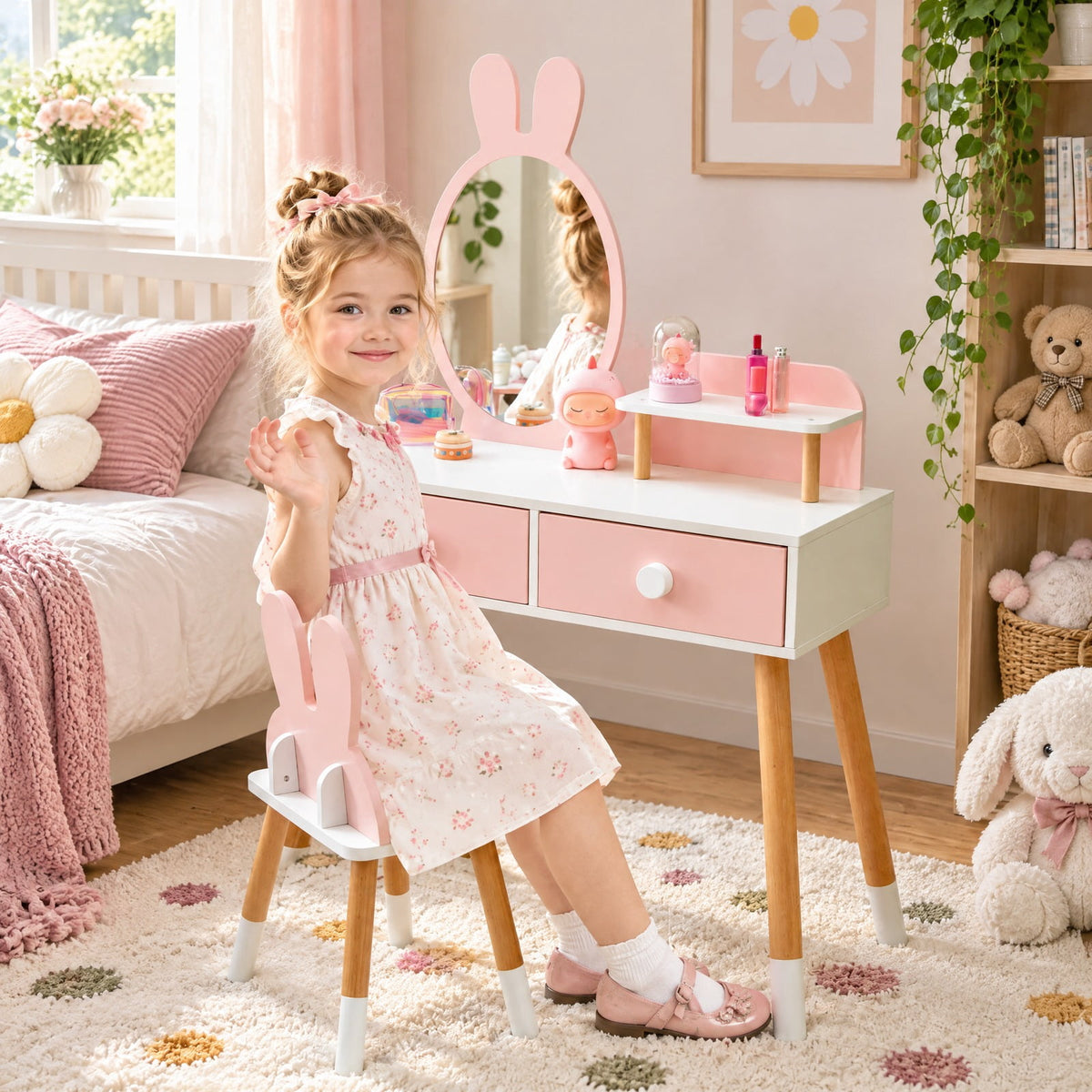 Airfind Kids Vanity Table and Chair Set with Drawer Shelf and Rabbit Mirror, 66 lbs Capacity, MDF Beech Wood Frame, Pink