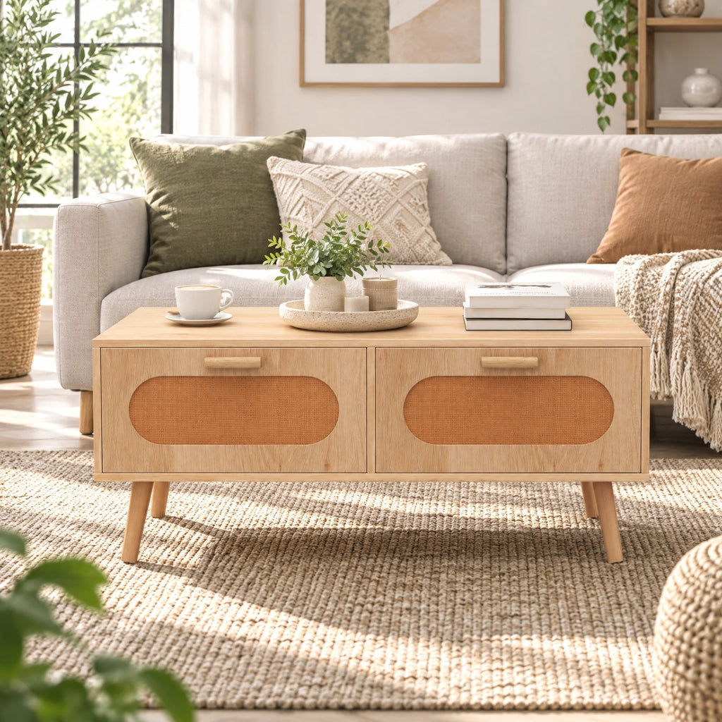Airfind Rattan Coffee Table Mid Century Modern Center Table with 2 Storage Drawers, 132 lbs Capacity, Natural