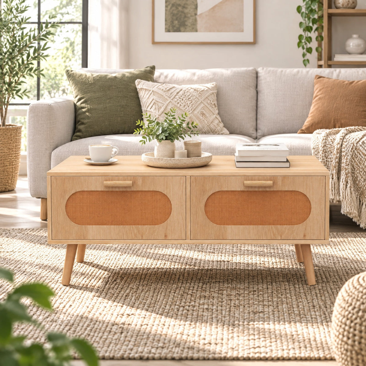 Airfind Rattan Coffee Table Mid Century Modern Center Table with 2 Storage Drawers, 132 lbs Capacity, Natural