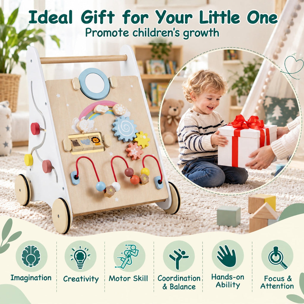 Airfind Wooden Youth Activity Walker with Multiple Play Features, Basswood Frame, Suitable for Ages 12 Months and Up, 13.5 Inch x 13 Inch x 17.5 Inch, Unspecified