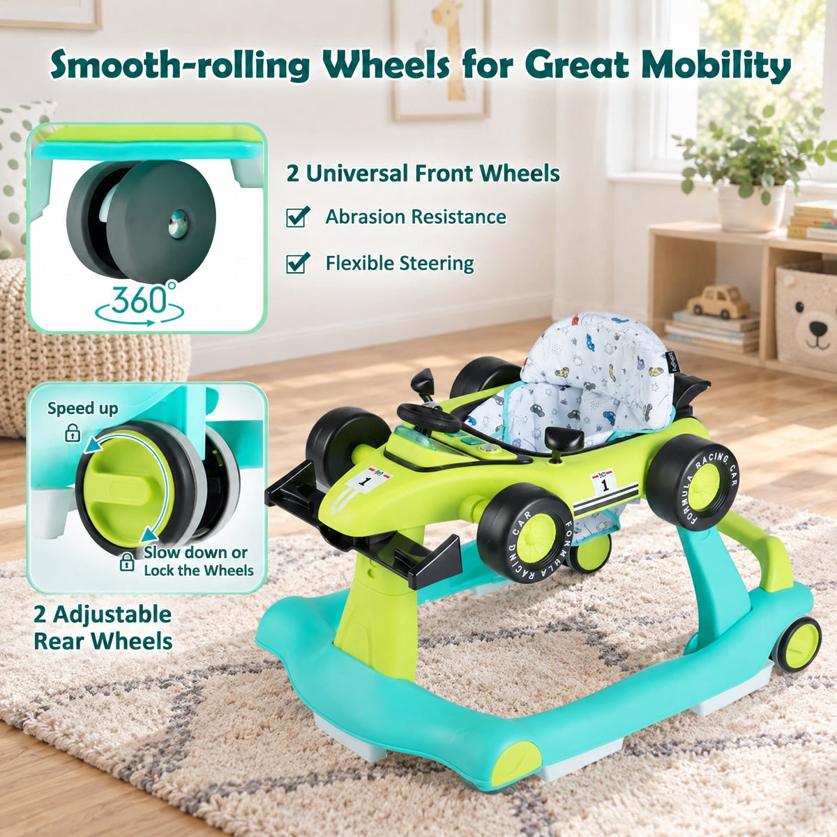 AIRFIND Baby Walker with 4 Activity Modes, 3 Adjustable Heights, Music and Lights, Rear Wheel Speed Control and Folding Frame, Green